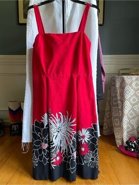 Karen Scott Red Floral Border Midi Dress - Size 10